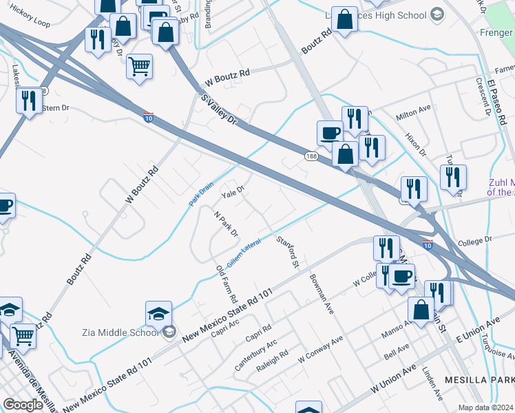 map of restaurants, bars, coffee shops, grocery stores, and more near 2061 Stanford Street in Las Cruces