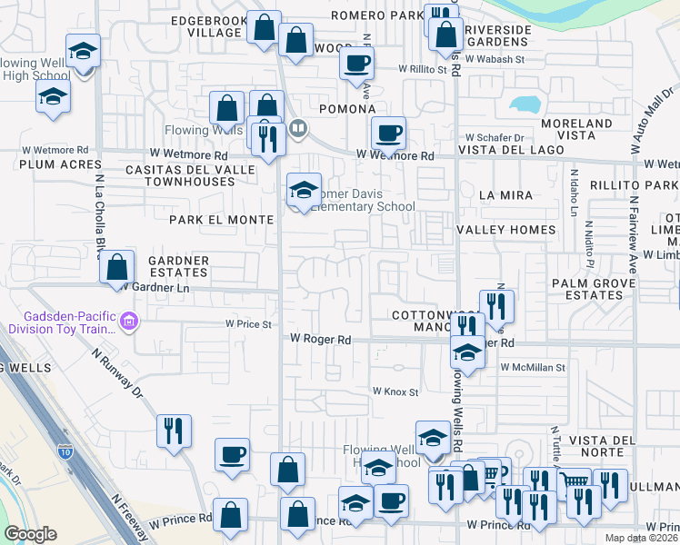 map of restaurants, bars, coffee shops, grocery stores, and more near Carefree Cir in Tucson