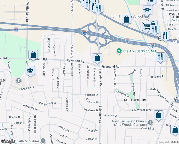 map of restaurants, bars, coffee shops, grocery stores, and more near in Jackson