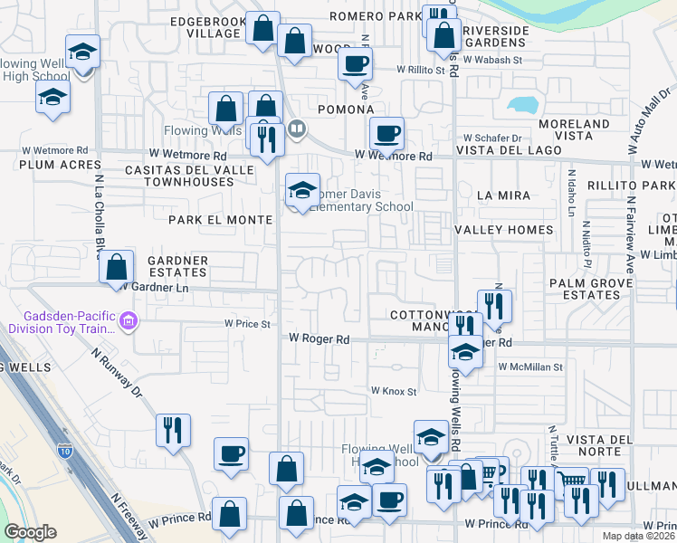 map of restaurants, bars, coffee shops, grocery stores, and more near Carefree Cir in Tucson