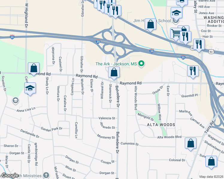 map of restaurants, bars, coffee shops, grocery stores, and more near 1836 Shamrock Drive in Jackson
