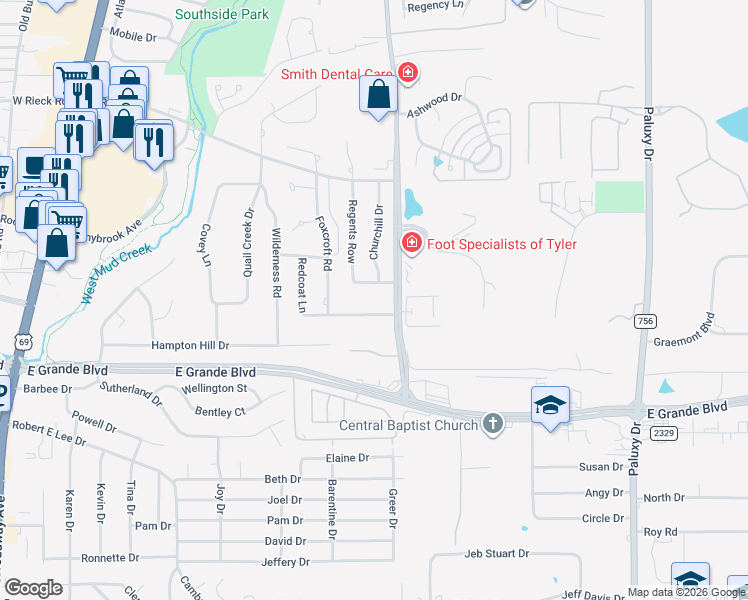 map of restaurants, bars, coffee shops, grocery stores, and more near 938 Dolores Street in Tyler