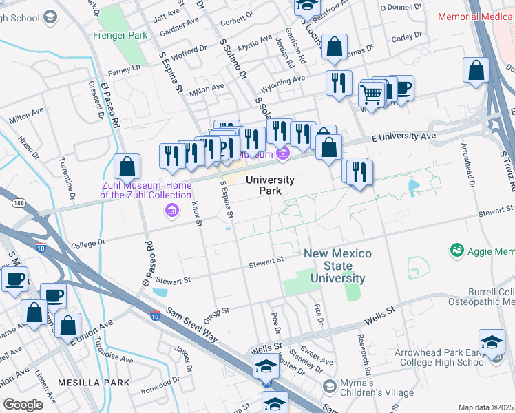 map of restaurants, bars, coffee shops, grocery stores, and more near 1780 East University Avenue in Las Cruces