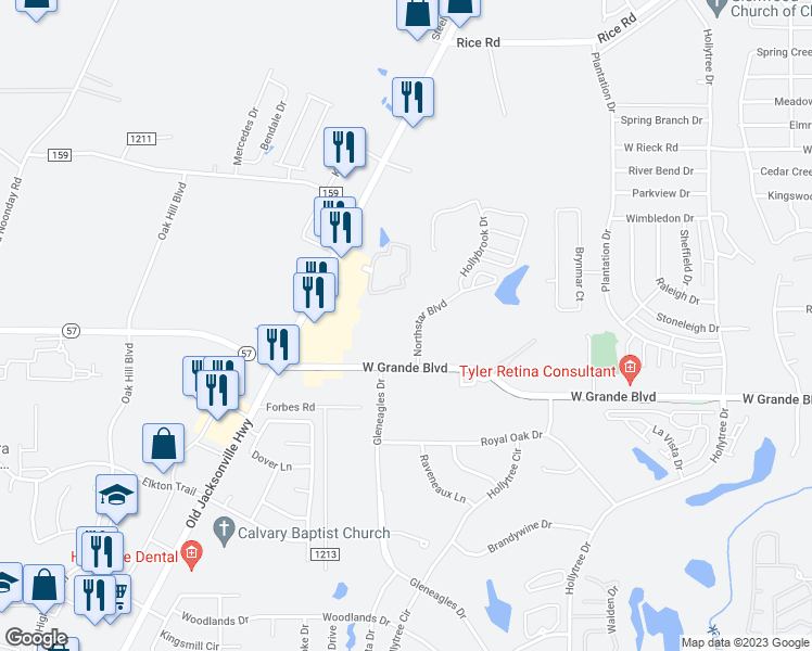 map of restaurants, bars, coffee shops, grocery stores, and more near 2055 West Grande Boulevard in Tyler