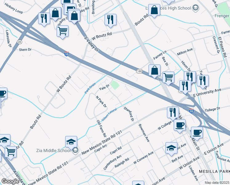 map of restaurants, bars, coffee shops, grocery stores, and more near in Las Cruces
