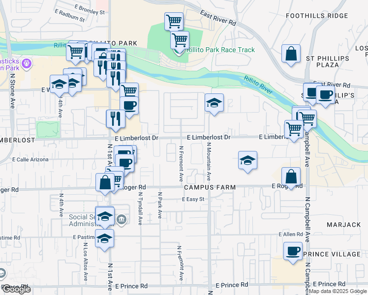 map of restaurants, bars, coffee shops, grocery stores, and more near 1102 East Limberlost Drive in Tucson