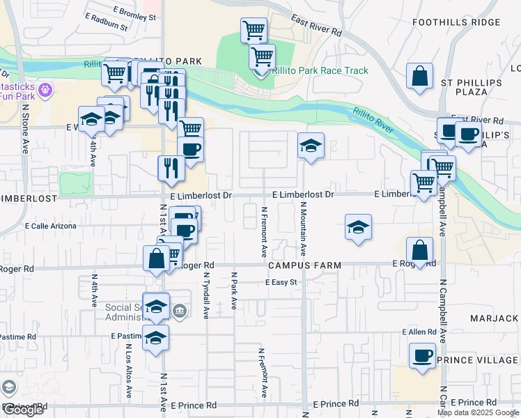 map of restaurants, bars, coffee shops, grocery stores, and more near 1102 East Limberlost Drive in Tucson