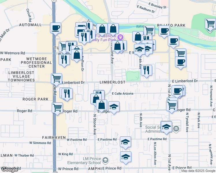 map of restaurants, bars, coffee shops, grocery stores, and more near in Tucson
