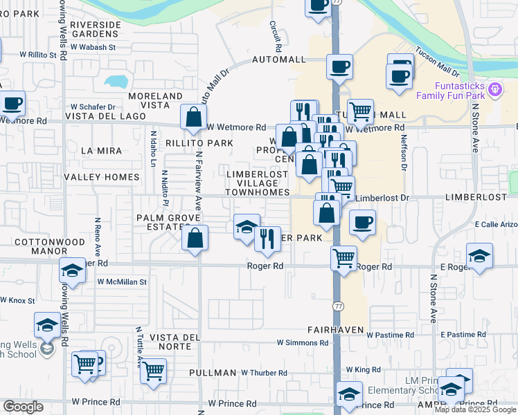 map of restaurants, bars, coffee shops, grocery stores, and more near 742 West Limberlost Drive in Tucson