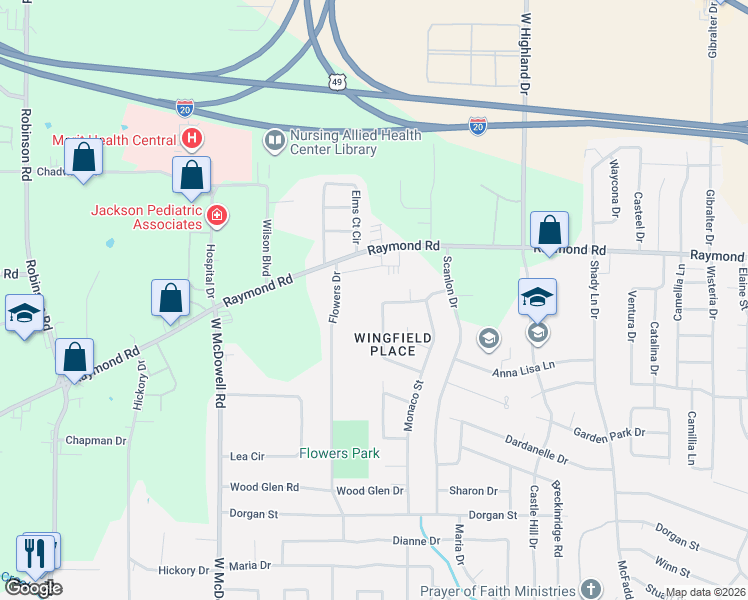map of restaurants, bars, coffee shops, grocery stores, and more near 1289 Raymond Road in Jackson