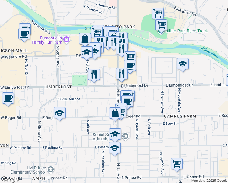 map of restaurants, bars, coffee shops, grocery stores, and more near 4160 North 1st Avenue in Tucson
