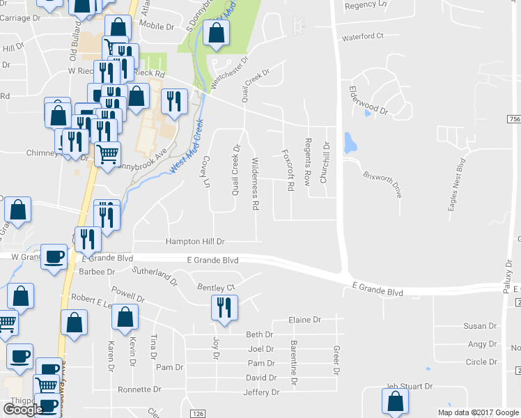 map of restaurants, bars, coffee shops, grocery stores, and more near 6106 Wilderness Road in Tyler