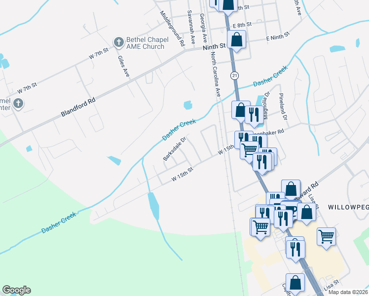map of restaurants, bars, coffee shops, grocery stores, and more near 66 Barksdale Drive in Rincon