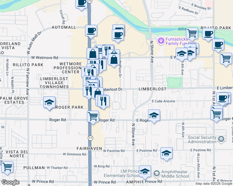 map of restaurants, bars, coffee shops, grocery stores, and more near 303 West Limberlost Drive in Tucson