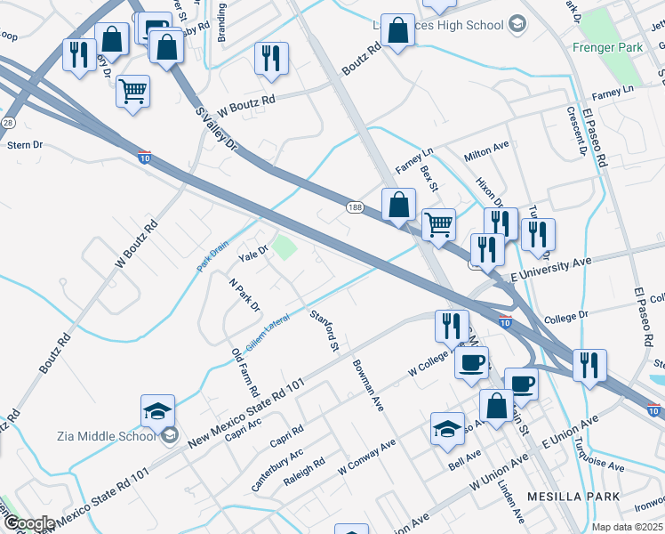 map of restaurants, bars, coffee shops, grocery stores, and more near 2200 Stern Drive in Las Cruces