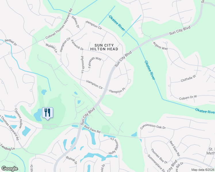 map of restaurants, bars, coffee shops, grocery stores, and more near 17 Becket Place in Bluffton