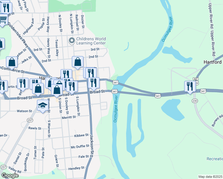 map of restaurants, bars, coffee shops, grocery stores, and more near 319 Broad Street in Hawkinsville