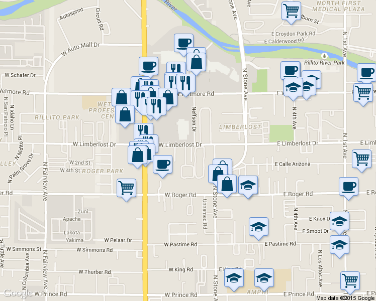 map of restaurants, bars, coffee shops, grocery stores, and more near 303 West Limberlost Drive in Tucson