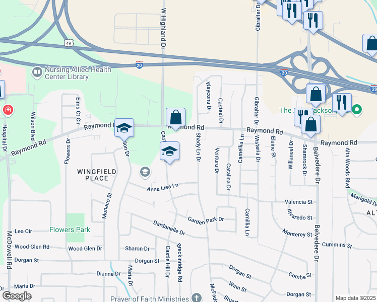 map of restaurants, bars, coffee shops, grocery stores, and more near 1143 Raymond Road in Jackson