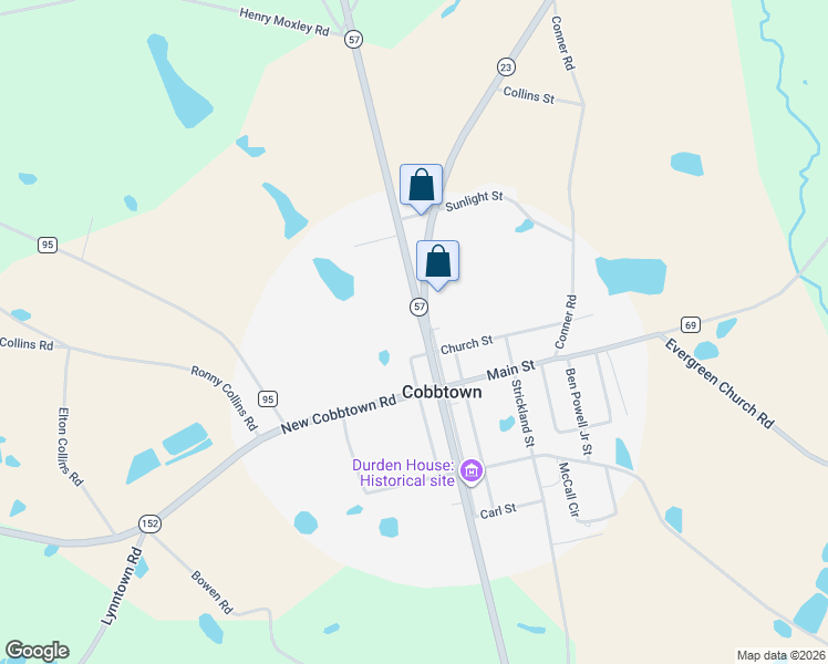 map of restaurants, bars, coffee shops, grocery stores, and more near 36815 Georgia 57 in Cobbtown