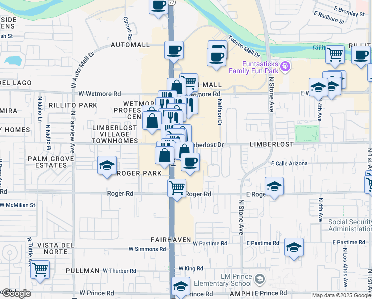 map of restaurants, bars, coffee shops, grocery stores, and more near 366 West Limberlost Drive in Tucson