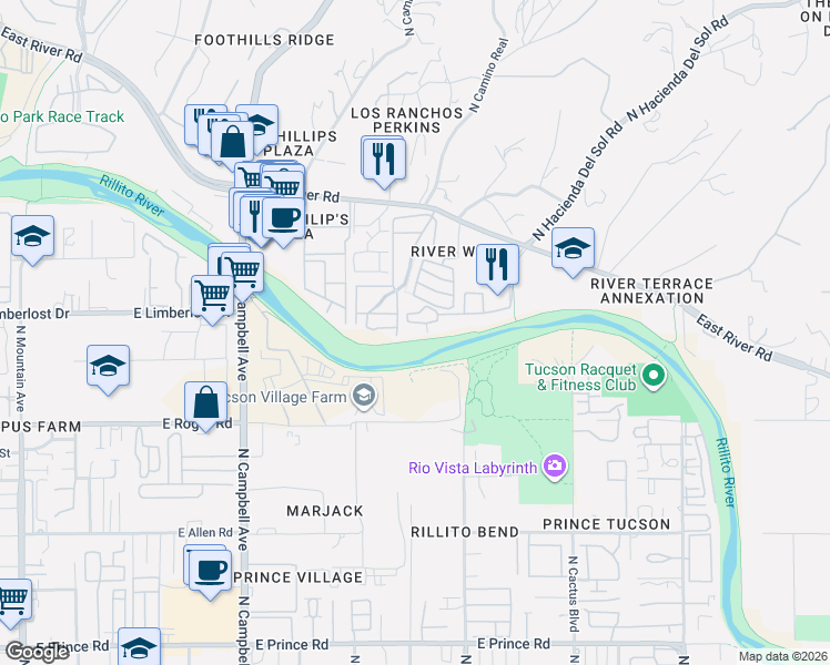 map of restaurants, bars, coffee shops, grocery stores, and more near 2550 East River Road in Tucson