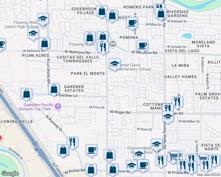 map of restaurants, bars, coffee shops, grocery stores, and more near 1761 West Root Lane in Tucson