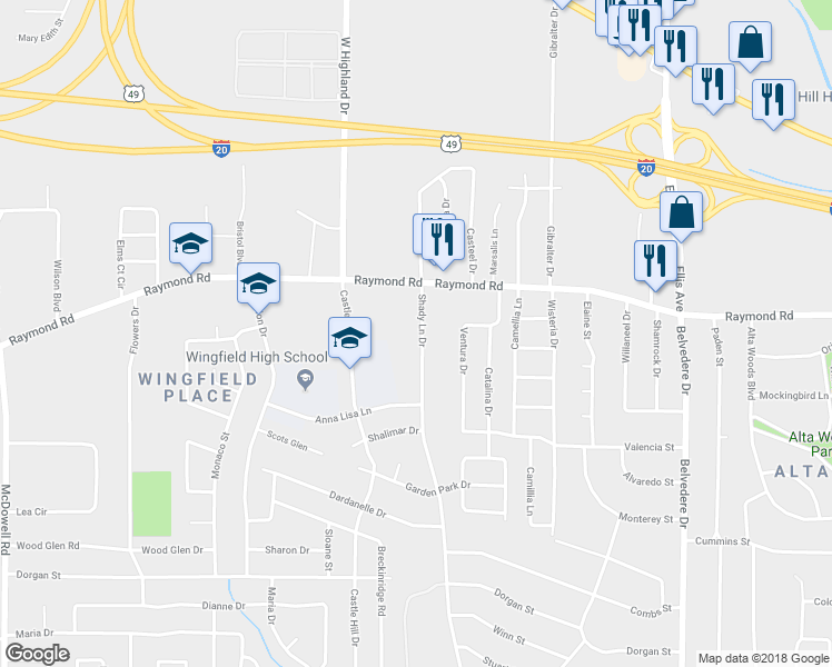 map of restaurants, bars, coffee shops, grocery stores, and more near 1839 Shady Lane Drive in Jackson
