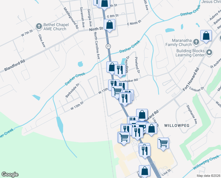 map of restaurants, bars, coffee shops, grocery stores, and more near 106 15th Street in Rincon