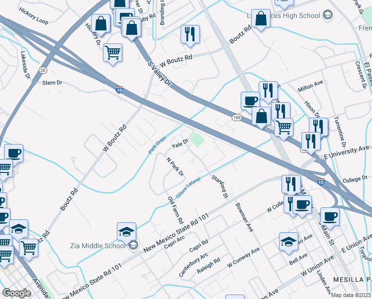 map of restaurants, bars, coffee shops, grocery stores, and more near in Las Cruces