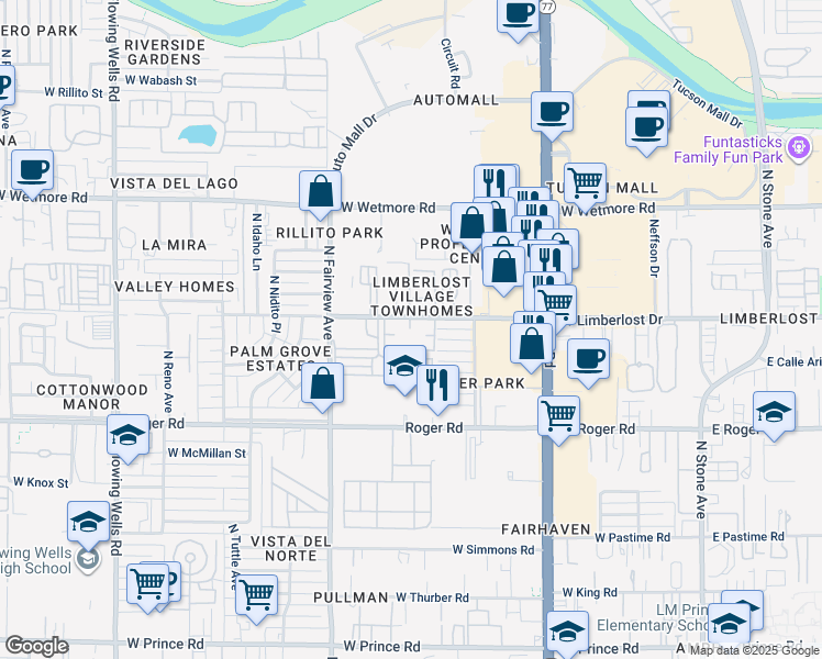 map of restaurants, bars, coffee shops, grocery stores, and more near 742 West Limberlost Drive in Tucson