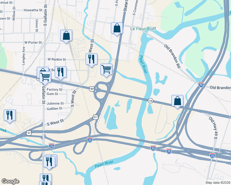 map of restaurants, bars, coffee shops, grocery stores, and more near State Street in Jackson