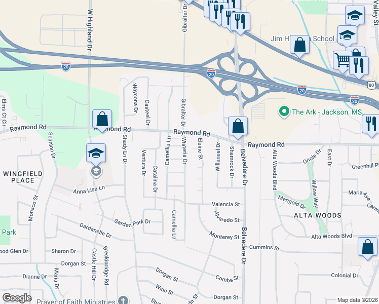 map of restaurants, bars, coffee shops, grocery stores, and more near 1805 Wisteria Drive in Jackson