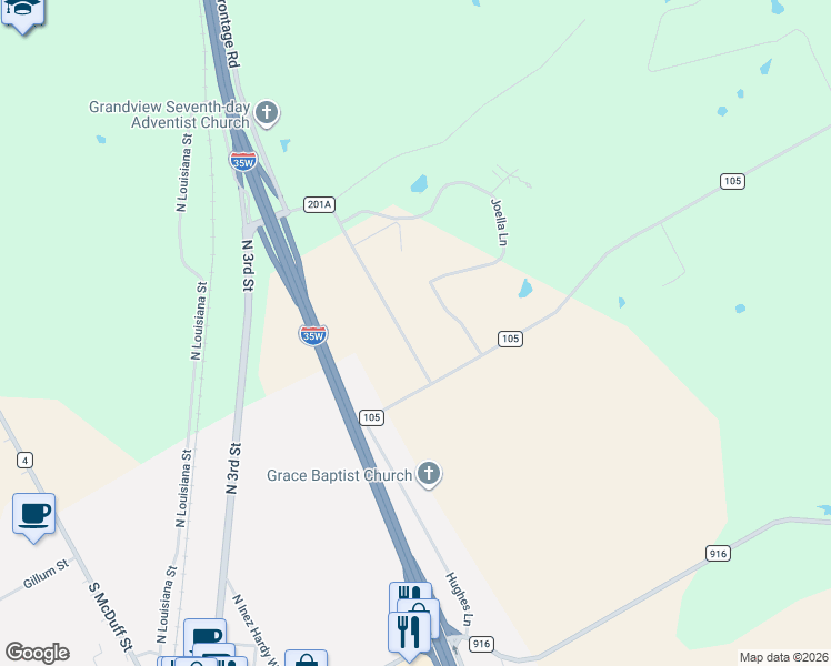 map of restaurants, bars, coffee shops, grocery stores, and more near 8303 County Road 201A in Grandview