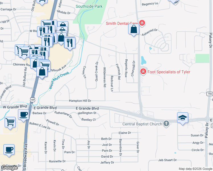 map of restaurants, bars, coffee shops, grocery stores, and more near 6011 Wilderness Road in Tyler