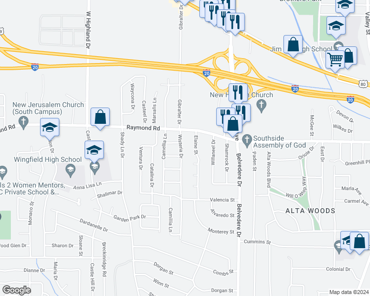 map of restaurants, bars, coffee shops, grocery stores, and more near 1826 Wisteria Drive in Jackson