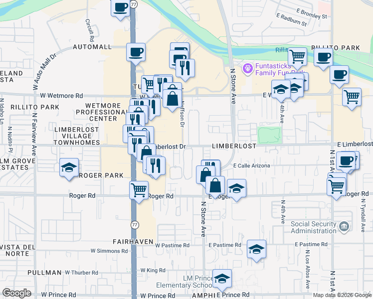 map of restaurants, bars, coffee shops, grocery stores, and more near 115 West Limberlost Drive in Tucson
