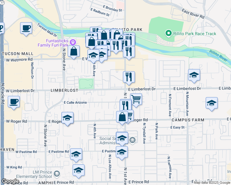 map of restaurants, bars, coffee shops, grocery stores, and more near 612 East Limberlost Drive in Tucson