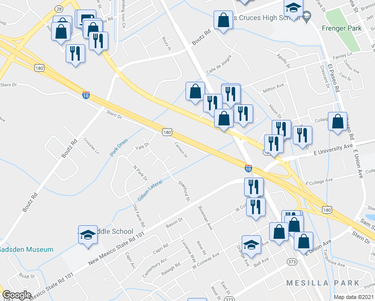 map of restaurants, bars, coffee shops, grocery stores, and more near 2200 Stern Drive in Las Cruces