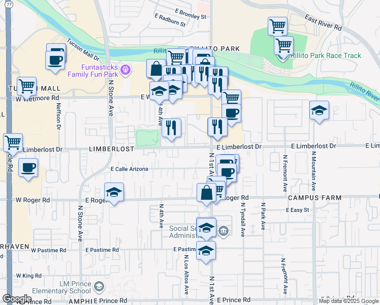 map of restaurants, bars, coffee shops, grocery stores, and more near 612 East Limberlost Drive in Tucson