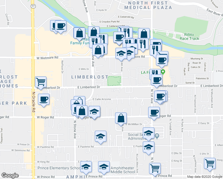 map of restaurants, bars, coffee shops, grocery stores, and more near 330 East Limberlost Drive in Tucson