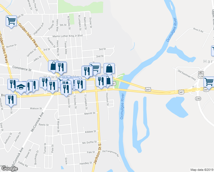 map of restaurants, bars, coffee shops, grocery stores, and more near 29 Radio Road in Hawkinsville