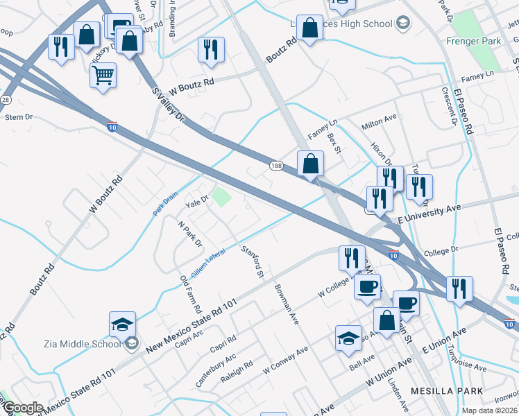 map of restaurants, bars, coffee shops, grocery stores, and more near 2200 Stern Drive in Las Cruces