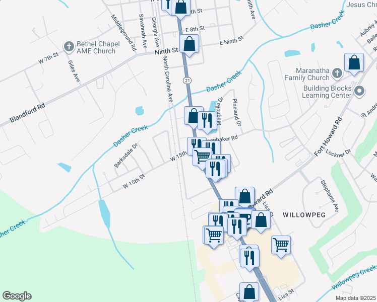 map of restaurants, bars, coffee shops, grocery stores, and more near 106 15th Street in Rincon