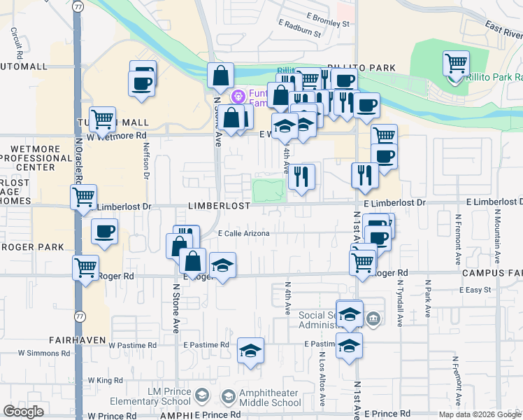map of restaurants, bars, coffee shops, grocery stores, and more near 330 East Limberlost Drive in Tucson