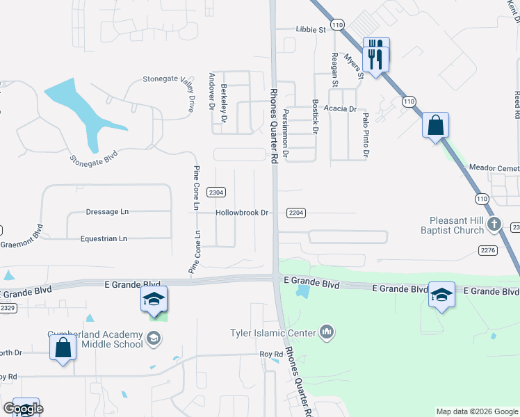 map of restaurants, bars, coffee shops, grocery stores, and more near 6039 Rhones Quarter Road in Tyler