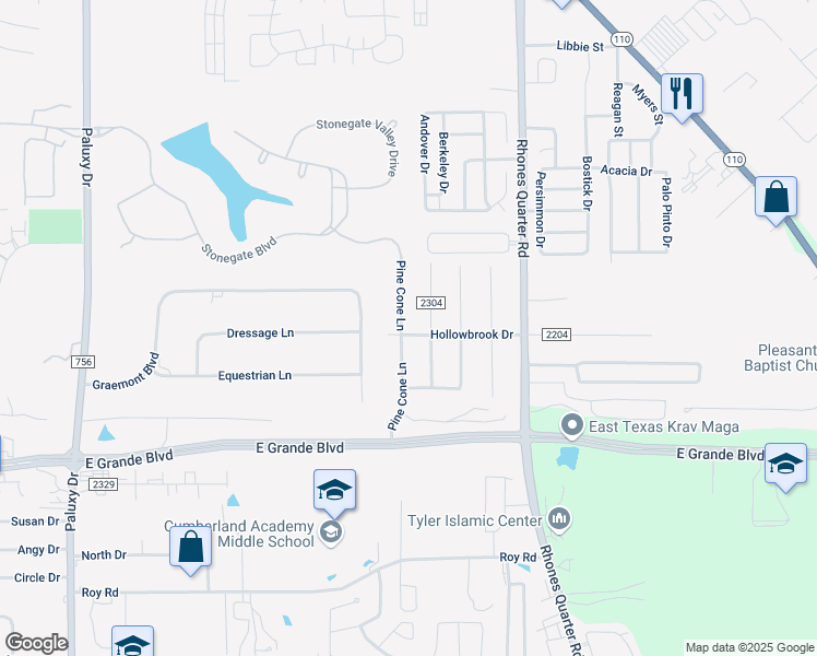map of restaurants, bars, coffee shops, grocery stores, and more near 6050 Pine Cone Lane in Tyler