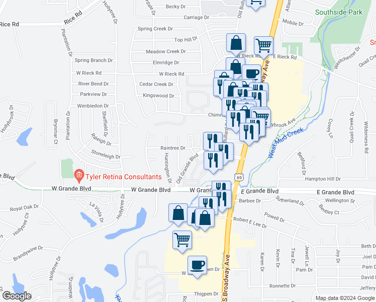 map of restaurants, bars, coffee shops, grocery stores, and more near 400 Raintree Drive in Tyler