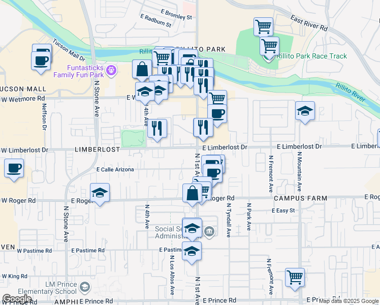 map of restaurants, bars, coffee shops, grocery stores, and more near 4160 North 1st Avenue in Tucson