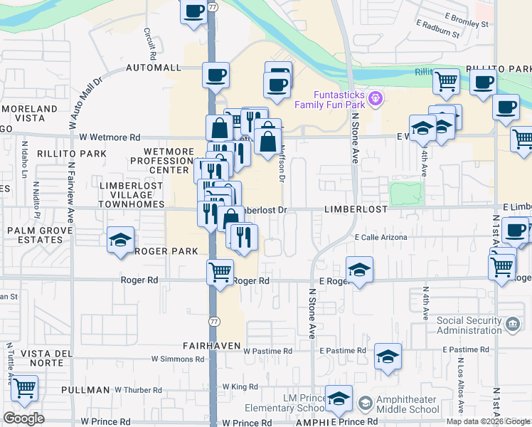 map of restaurants, bars, coffee shops, grocery stores, and more near 303 West Limberlost Drive in Tucson